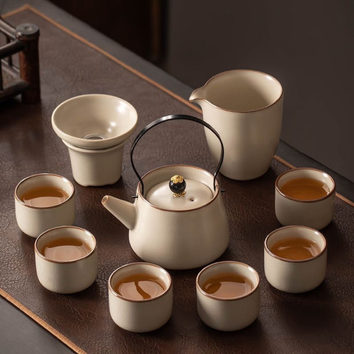 米黃汝窰功夫茶具套裝家用陶瓷茶壺蓋碗茶杯茶盤輕奢高檔中式