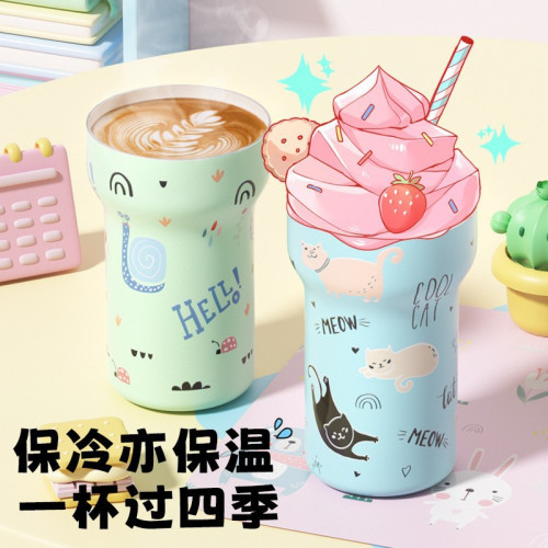 咖啡保溫杯316不鏽鋼雙飲陶瓷內膽吸管冰霸杯可愛學生大容量水杯