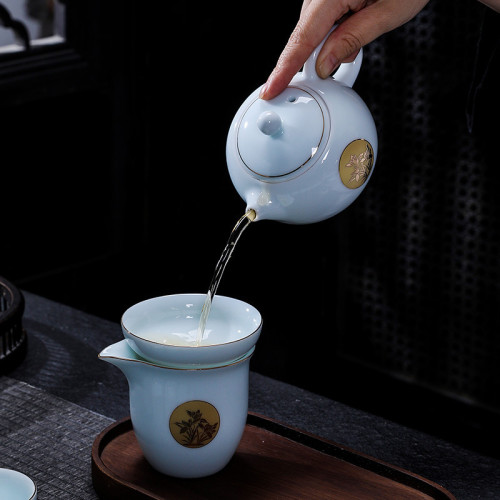 高檔羊脂玉影青整套功夫茶具三才蓋碗茶壺禮盒套裝辦公家用伴手禮