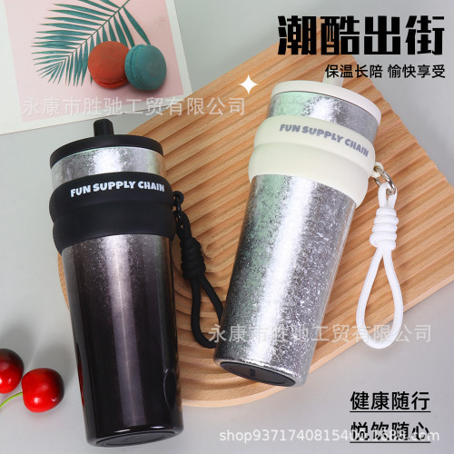 冰裂紋保溫杯新款女士高顔值手提繩水杯車用吸管杯學生保冷冰霸杯