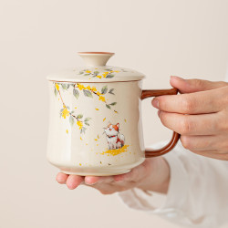 桂花貓杯子草木灰陶瓷茶杯泡茶水杯陶瓷杯帶蓋馬克杯禮盒杯子