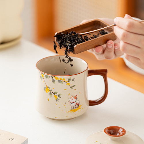 桂花貓杯子草木灰陶瓷茶杯泡茶水杯陶瓷杯帶蓋馬克杯禮盒杯子