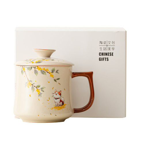 桂花貓杯子草木灰陶瓷茶杯泡茶水杯陶瓷杯帶蓋馬克杯禮盒杯子
