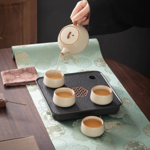 米黃汝窰茶具套裝家用個人專用輕奢單人一兩人側把壺茶杯茶盤