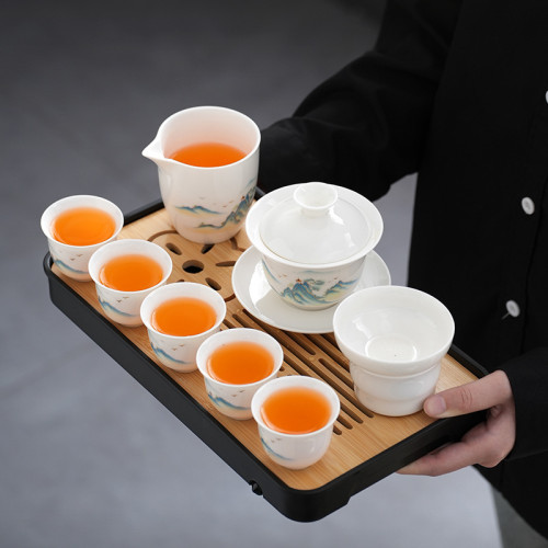 羊脂玉茶具套裝旅行功夫茶具茶盤整套蓋碗茶杯銀行禮品