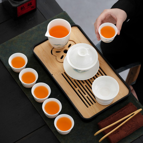羊脂玉茶具套裝旅行功夫茶具茶盤整套蓋碗茶杯銀行禮品