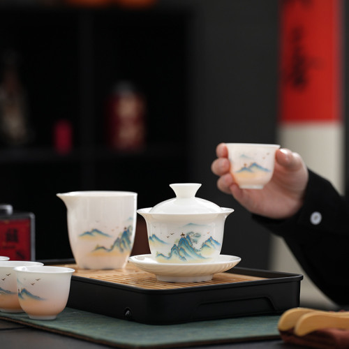 羊脂玉茶具套裝旅行功夫茶具茶盤整套蓋碗茶杯銀行禮品