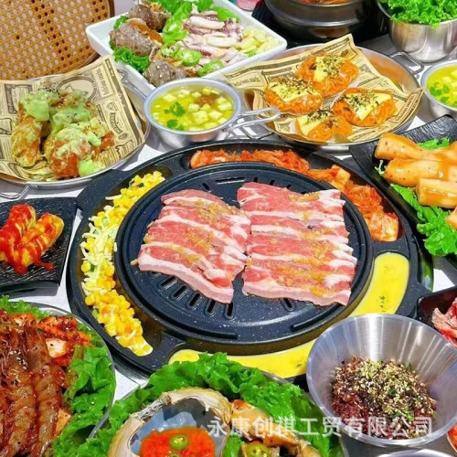 韓式雞蛋糕烤盤圓形麥飯石碳烤盤商用自助鐵板燒烤肉盤烤肉鍋大號