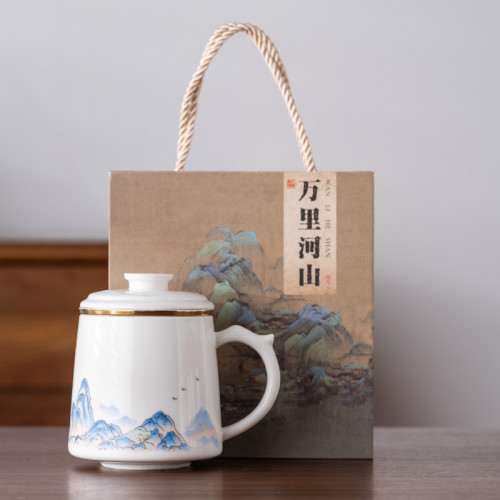 羊脂玉茶杯陶瓷茶水分離辦公杯國潮文創水杯年會商務伴手禮