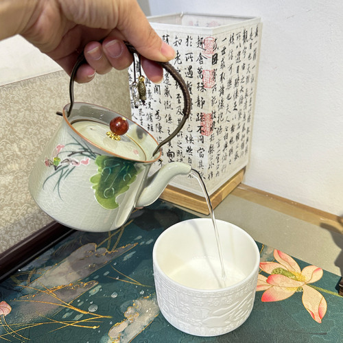 哥窰手繪荷韻提梁壺茶壺2025新款家用陶瓷泡茶壺功夫茶具過濾單壺