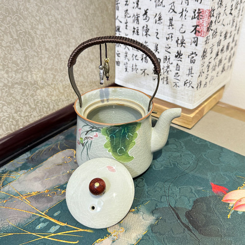 哥窰手繪荷韻提梁壺茶壺2025新款家用陶瓷泡茶壺功夫茶具過濾單壺