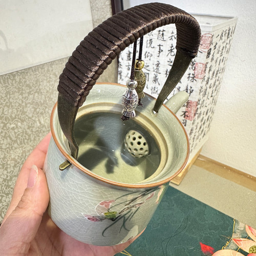 哥窰手繪荷韻提梁壺茶壺2025新款家用陶瓷泡茶壺功夫茶具過濾單壺
