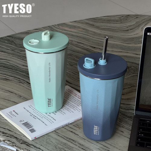 tyeso創意菱形漸變色保溫杯大容量車用冰霸杯保溫保冷吸管咖啡杯