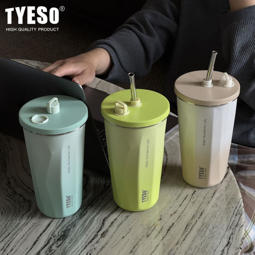 tyeso創意菱形漸變色保溫杯大容量車用冰霸杯保溫保冷吸管咖啡杯