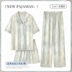 三件套睡衣女款夏季高級感冰絲綢短袖長褲2025新款大碼家居服夏天