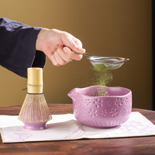 日式陶瓷抹茶碗茶具套裝浮雕櫻花碗帶嘴7件套高顔值彩盒