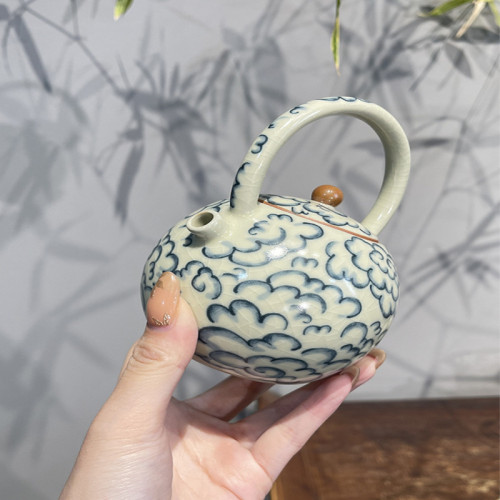 驚蟄 米黃汝窰提梁壺復古祥雲茶壺家用陶瓷泡茶器青花功夫茶具