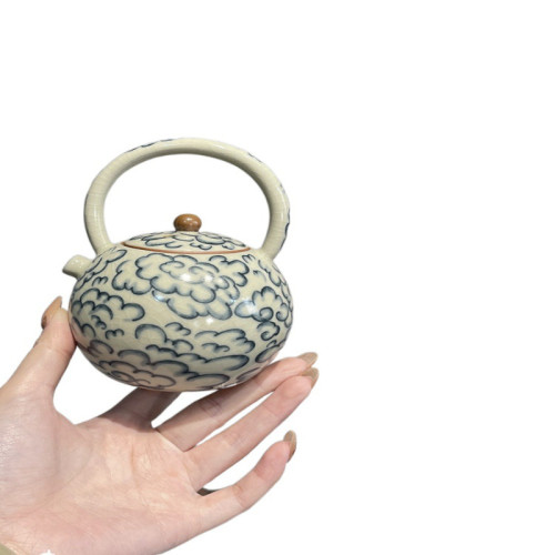 驚蟄 米黃汝窰提梁壺復古祥雲茶壺家用陶瓷泡茶器青花功夫茶具