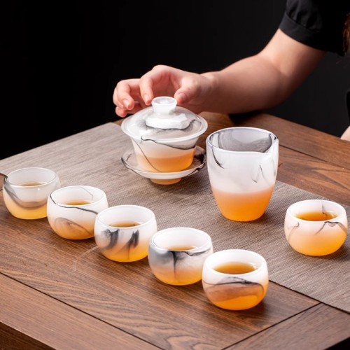 羊脂玉瓷琉璃功夫茶具套裝2025新款家用辦公會客高檔蓋碗茶杯整套