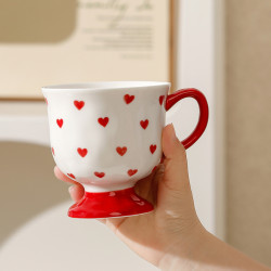 手繪紅色愛心陶瓷馬克杯高顔值水杯創意釉下彩杯子情侶咖啡杯可愛