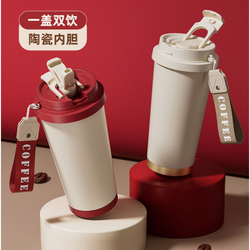 雙飲316不鏽鋼保溫咖啡杯鈴蘭禮品高顔值直身可攜式吸管杯陶瓷內膽
