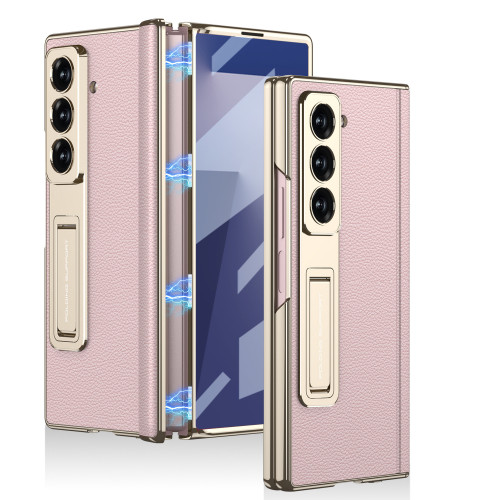 適用三星Z Fold7手機殼電鍍支架素皮磁吸鉸鏈商務防摔保護套