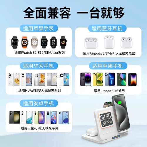 適用於三星的5合1無線充電器時鍾溫度溼度夜燈折曡手機無線充電器