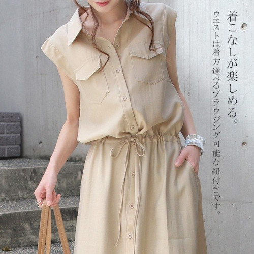 2025夏季新款日式無袖口袋裝飾無袖中長款休閒翻領連衣裙女