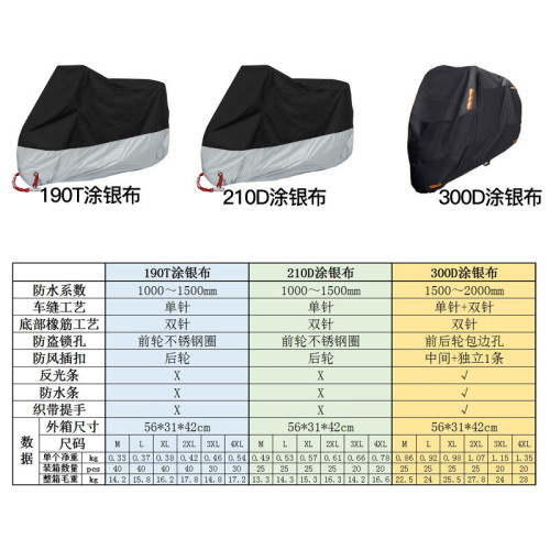 爆款摩托車罩190t 210d塗銀布防曬防雨水防塵