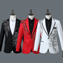 男歌手夜店舞台演出服主持西裝套裝酒吧禮服立體雙邊鑲花鑲鑽西服