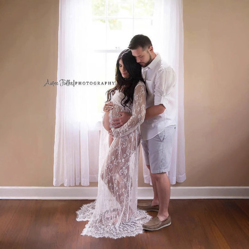 Ebay孕婦拍攝寫真蕾絲長裙孕婦前開蕾絲拖地連衣裙8849