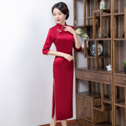 鴻韻綉醋酸新款旗袍連衣裙改良修身復古七分袖長款女結婚敬酒大碼