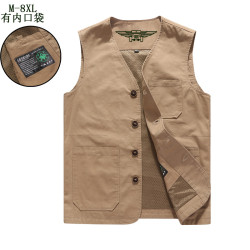 男加大碼純棉V領馬甲中老年休閒釣魚坎肩春秋工作製服爸爸裝