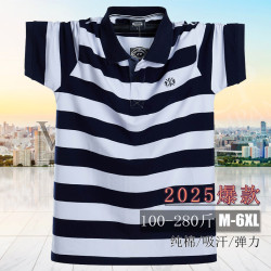 2025夏季新男士短袖T恤 翻領條紋棉寬松加肥加大碼男裝POLO衫5122