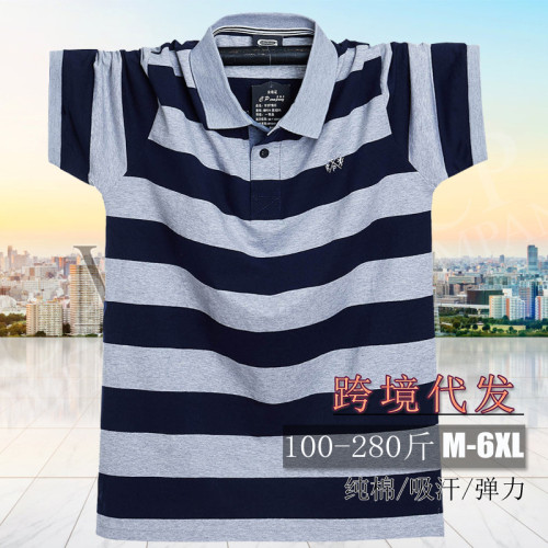 2025夏季新男士短袖T恤 翻領條紋棉寬松加肥加大碼男裝POLO衫5122
