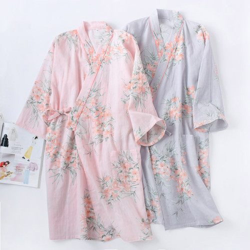 春夏季紗布純棉和服浴袍睡袍女士日式長款睡裙花語系帶睡衣汗蒸服