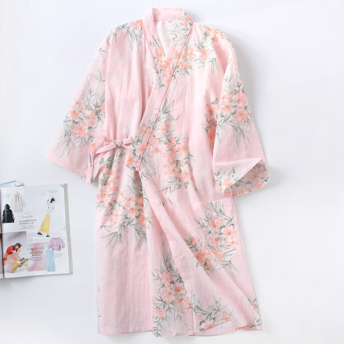 春夏季紗布純棉和服浴袍睡袍女士日式長款睡裙花語系帶睡衣汗蒸服