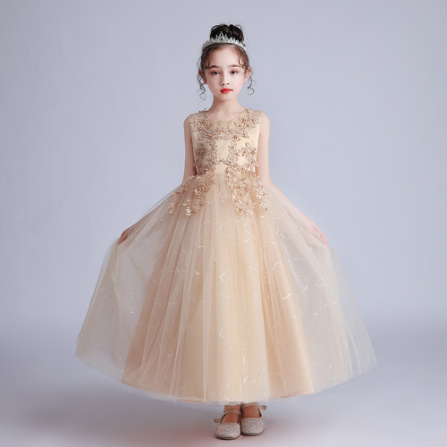 兒童長款婚紗禮服裙蓬蓬網紗公主裙3-15嵗中大童裝女童六一演出服
