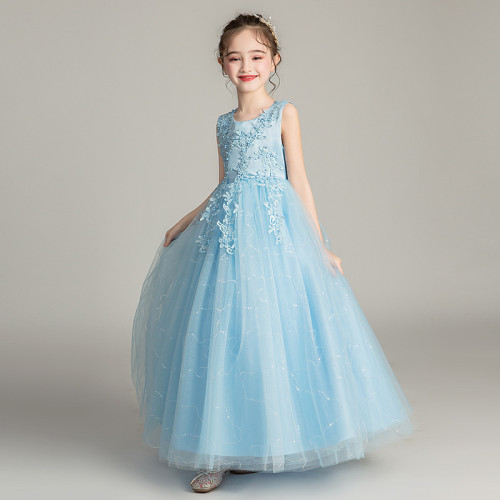 兒童長款婚紗禮服裙蓬蓬網紗公主裙3-15嵗中大童裝女童六一演出服