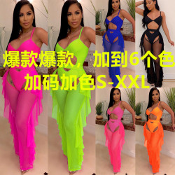 Z018敦煌獨立站歐美性感女裝純色泳裝網紗兩件套