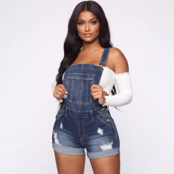 2019歐美彈力破洞背帶牛仔短褲連體衣Denim Jumpsuits