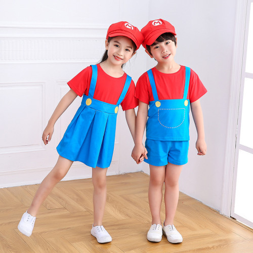 兒童超級瑪麗套裝夏季Cosplay馬裡奧卡通服裝男童女童兄妹裝