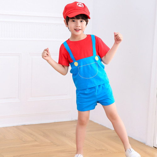 兒童超級瑪麗套裝夏季Cosplay馬裡奧卡通服裝男童女童兄妹裝