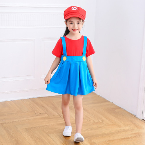 兒童超級瑪麗套裝夏季Cosplay馬裡奧卡通服裝男童女童兄妹裝