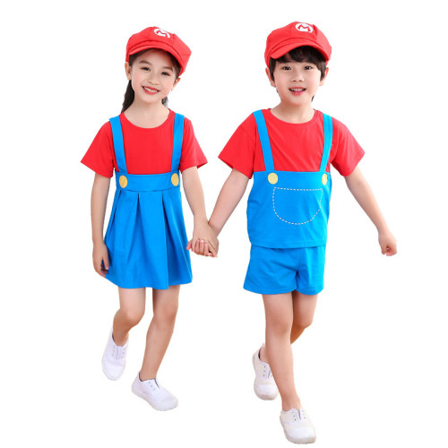 兒童超級瑪麗套裝夏季Cosplay馬裡奧卡通服裝男童女童兄妹裝