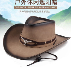 春夏季帽子男 大沿皮革防曬太陽帽包邊騎馬帽草原牛仔帽蒙古帽子