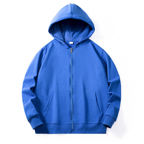 薄款成人毛圈貼袋拉鍊衛衣純色連帽空白開衫外套情侶班服