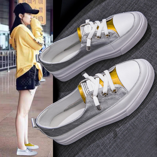 真皮小白鞋女2025春季新款百搭一腳蹬淺口單鞋牛皮拼色平底板鞋子