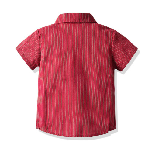 新款紳士襯衣套裝 男童禮服條紋短袖領結襯衣背帶褲 生日套裝