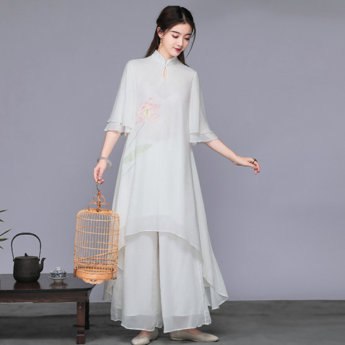 2269實拍2020風唐裝套裝茶服文藝復古雪紡連衣裙禪服唐裝女裝